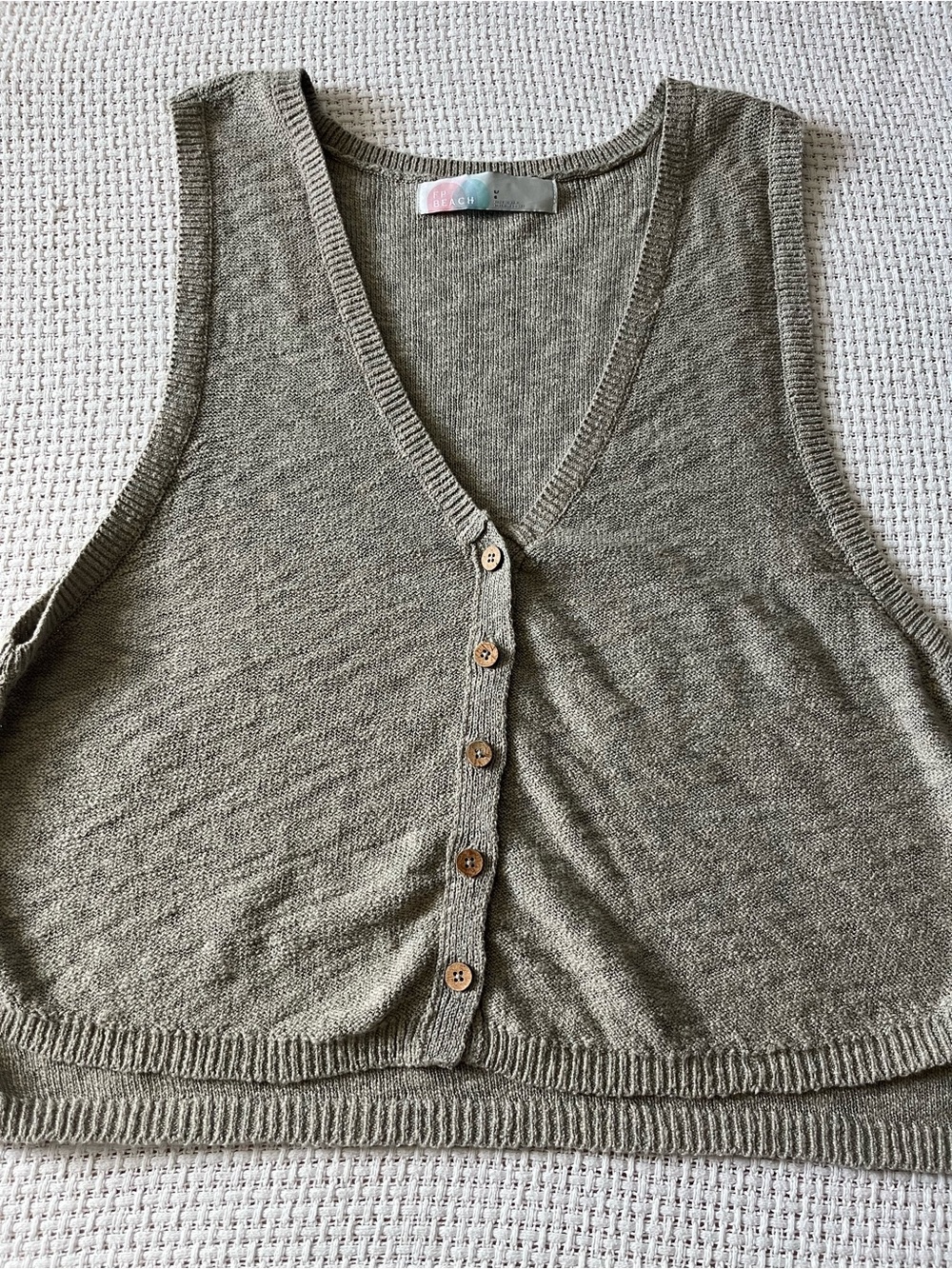 FP Beach Free People large Sleeveless V-Neck Button Front Sweater Vest - Taupe